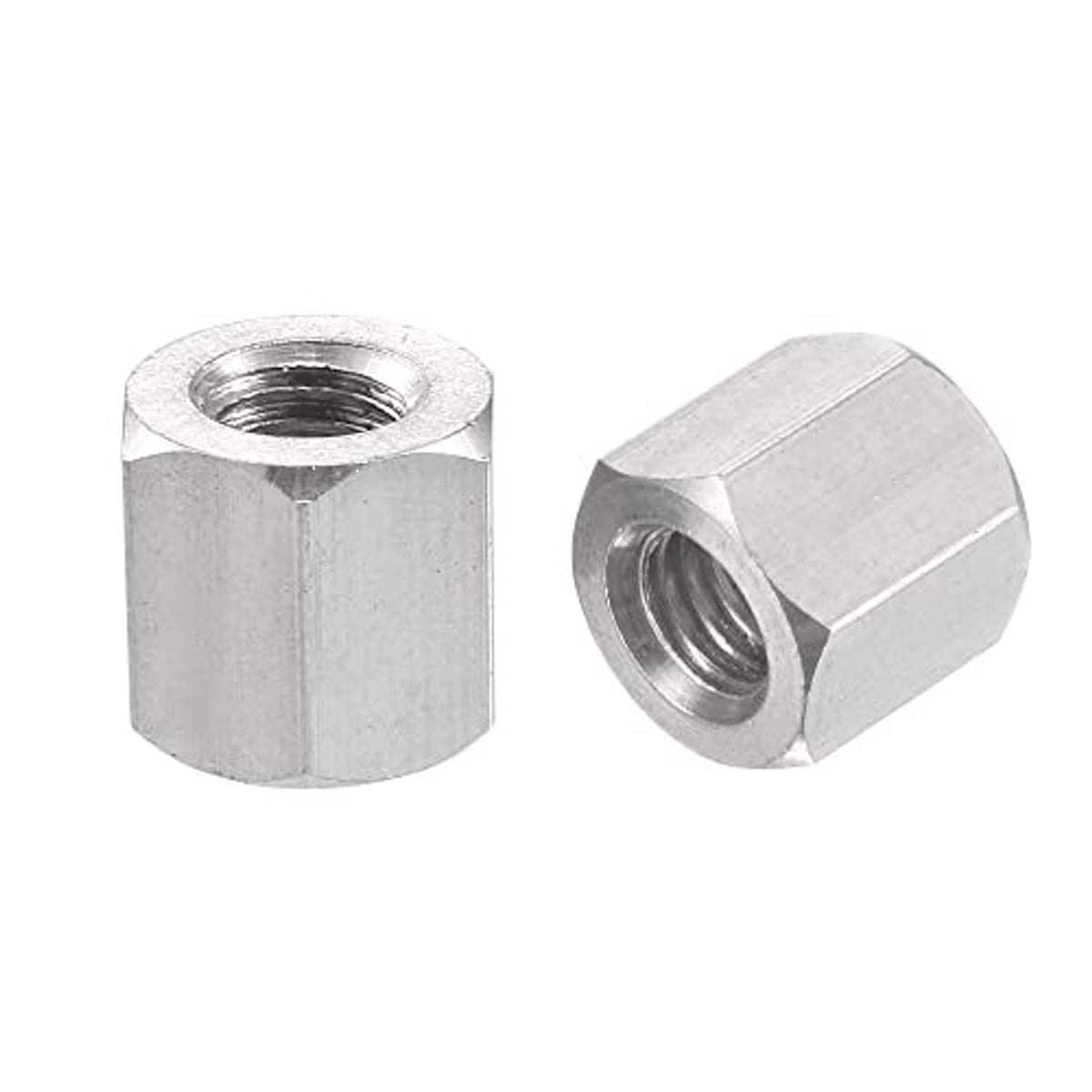 M6 stainless steel hex coupling nut, 10mm length, internal threads, hex body