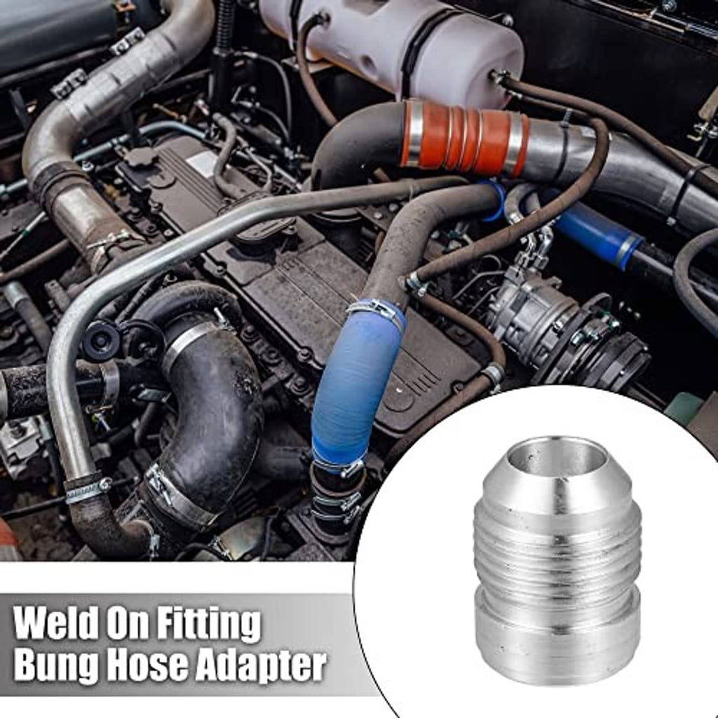 Aluminum weld-on bung hose adapter shown in car engine bay, silver threaded fitting.