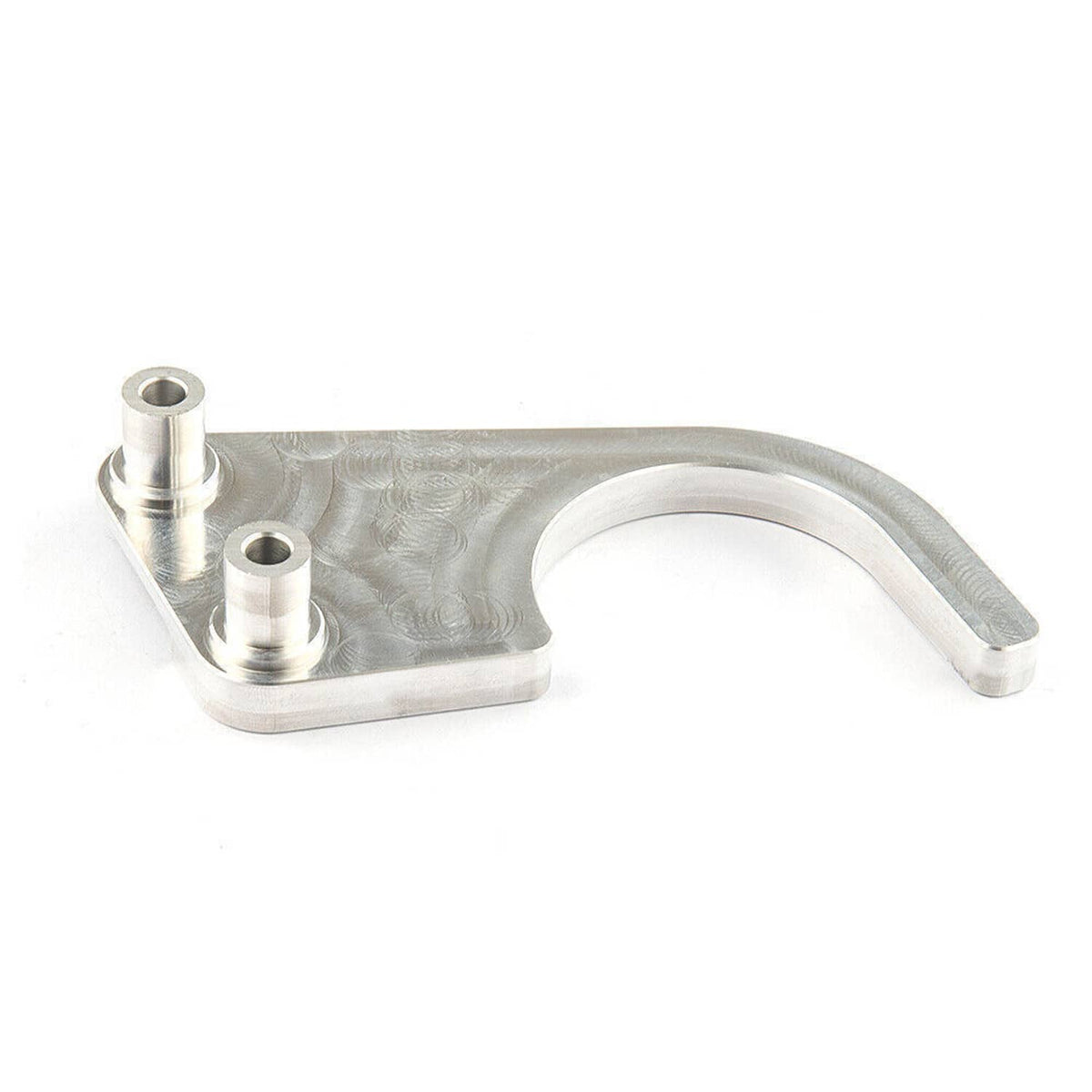 Timing chain guide bracket with circular holes, silver metal, and curved guide arm.