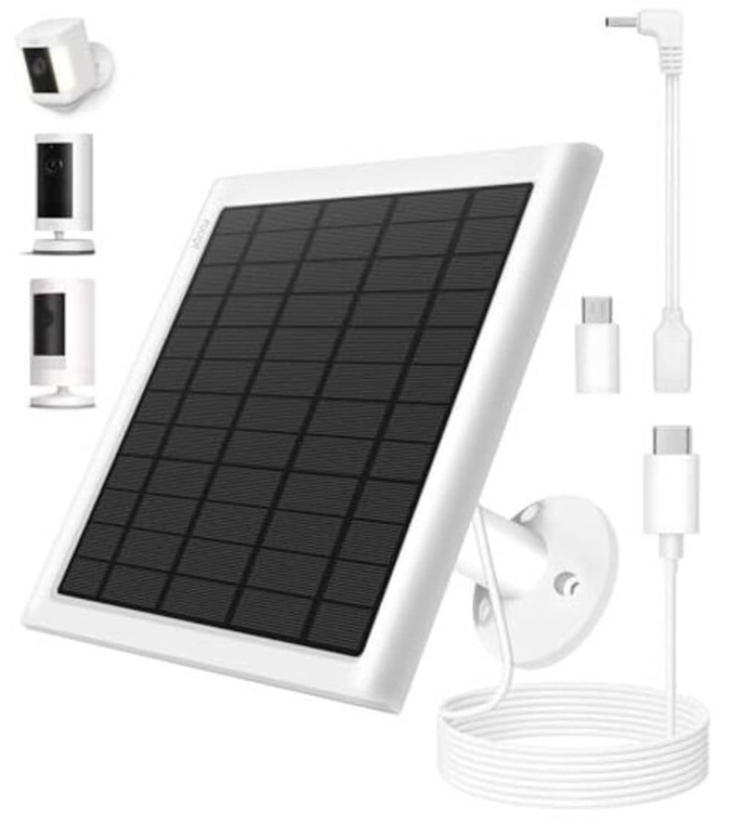 White solar panel charger with mount, cables, and small connector pieces