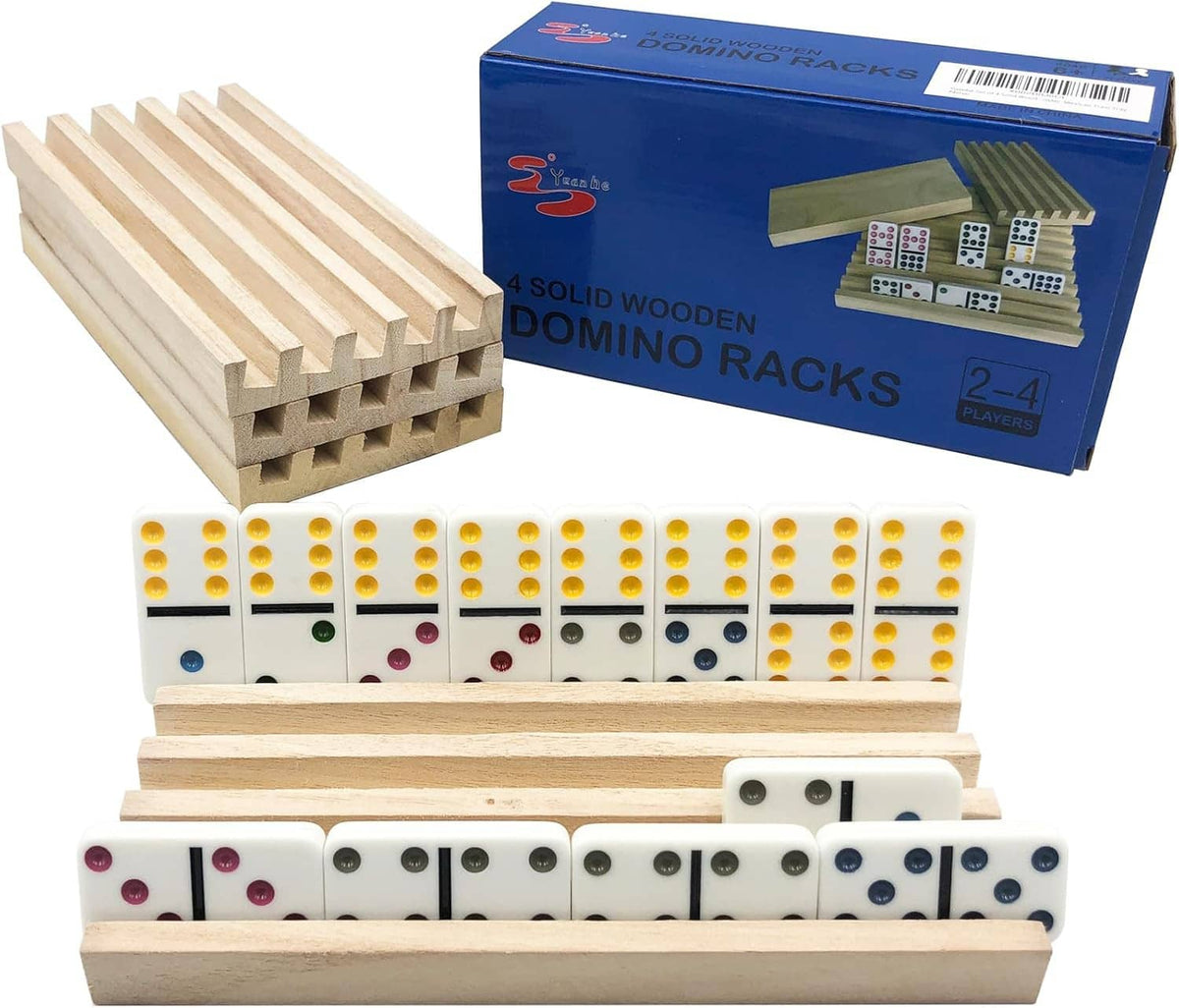 Set of 4 wooden domino rack trays with raised slots; holds domino tiles upright