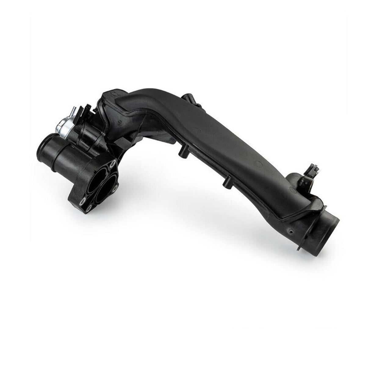 Black charge air pipe joint with curved pipe and side flange mounting points