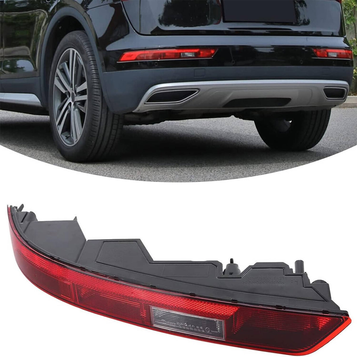 Left rear tail light installed on dark SUV bumper, showing red lens and black housing
