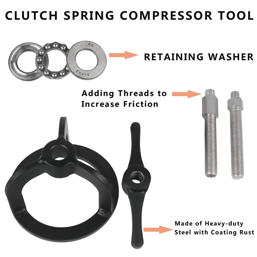 Clutch spring compressor tool components: black clamp ring, lever, two threaded bolts, washers