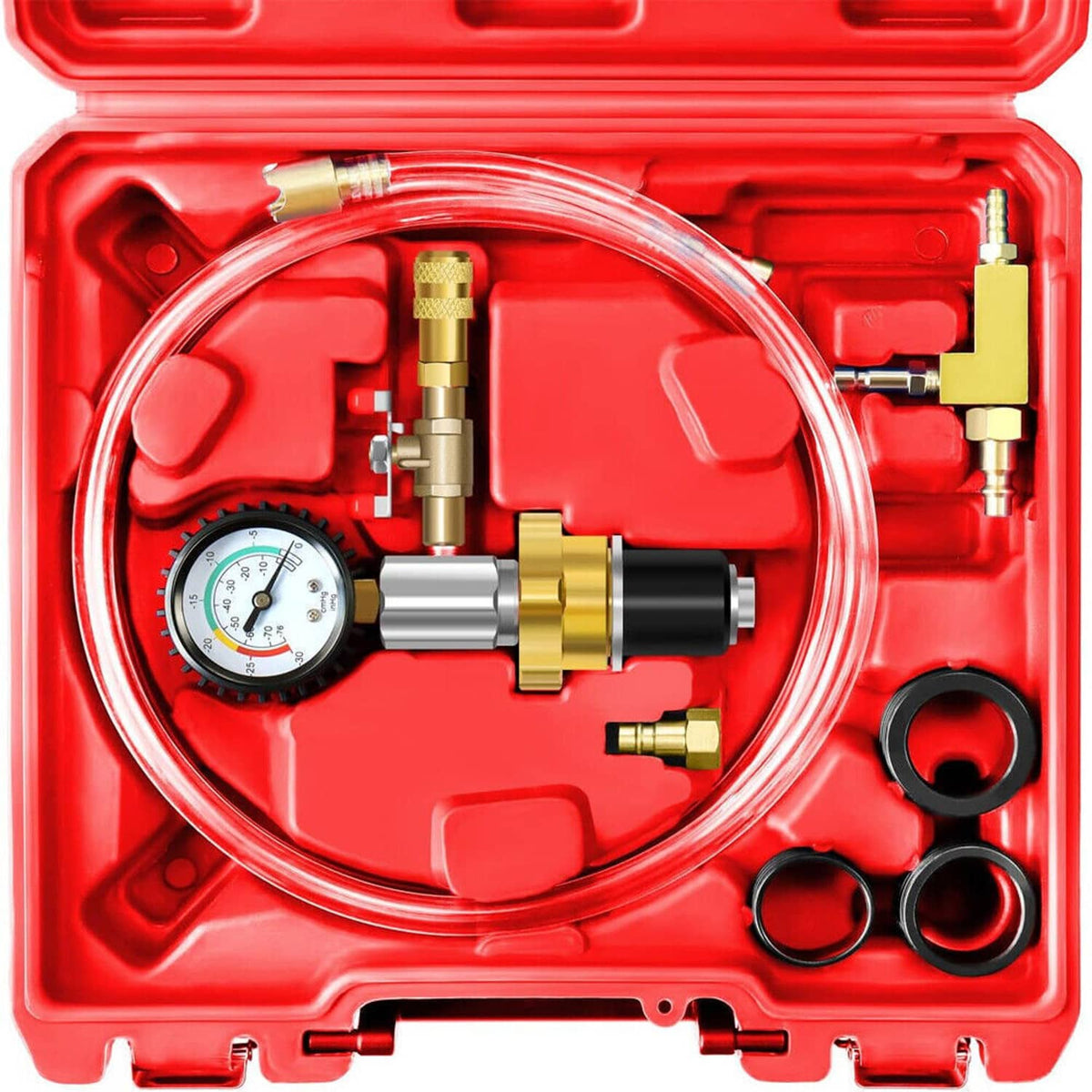 Red case coolant vacuum refill kit with pressure gauge, clear hose loop, and brass fittings