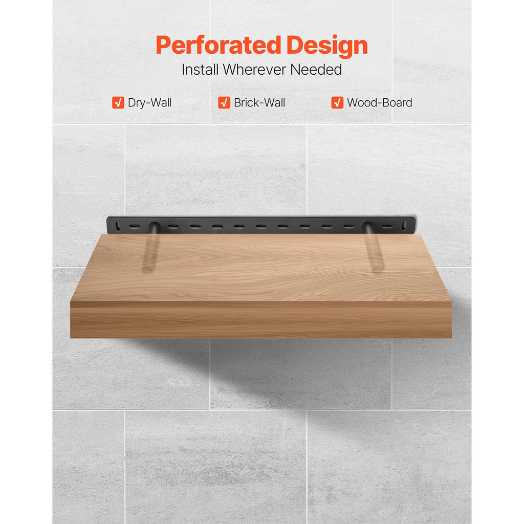 Perforated 22-inch floating shelf bracket in matte black, mounted above wooden shelf