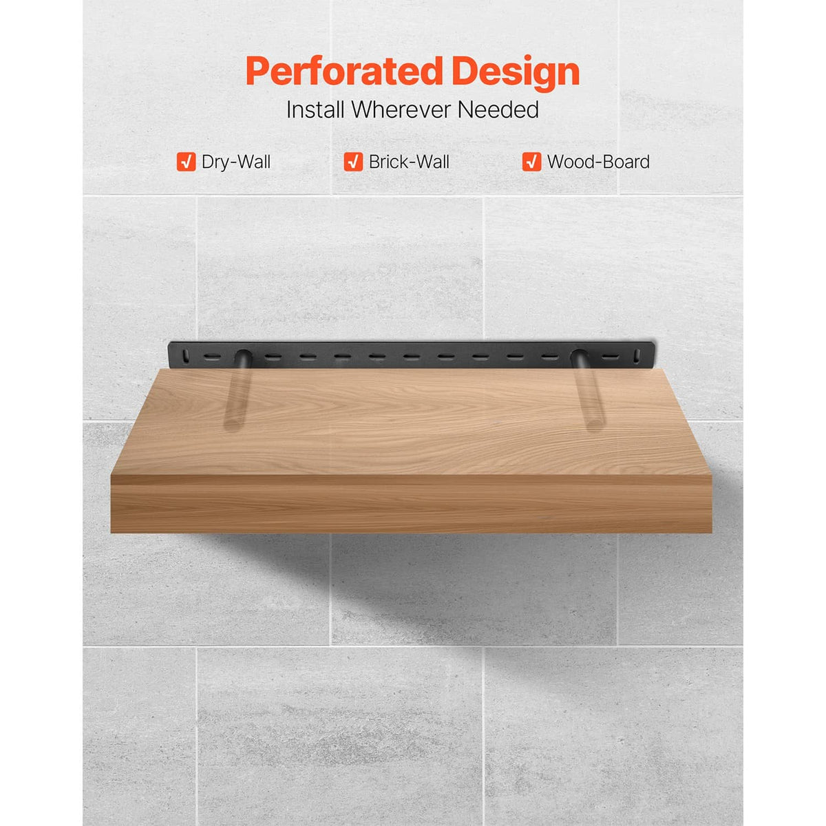 Perforated 22-inch floating shelf bracket in matte black, mounted above wooden shelf