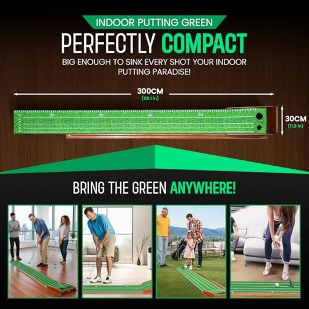 Rectangular green putting mat on wooden base with ruler view of full length