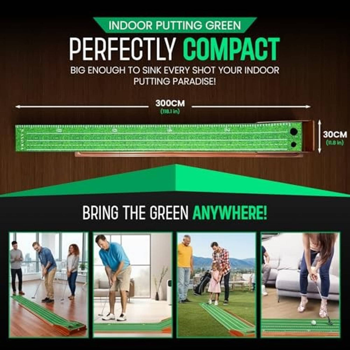 Rectangular green putting mat on wooden base with ruler view of full length