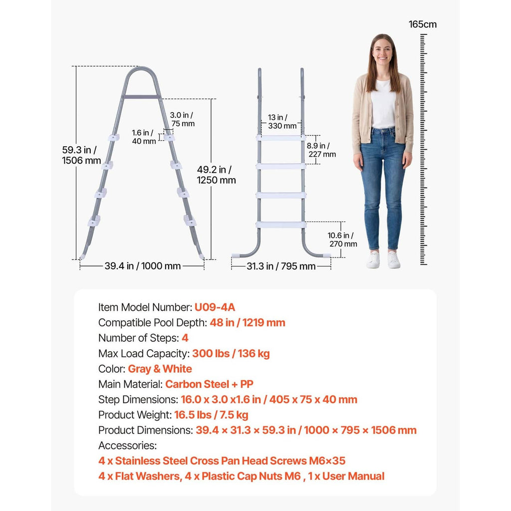 Gray 4-step A-frame pool ladder with shown overall height and step layout
