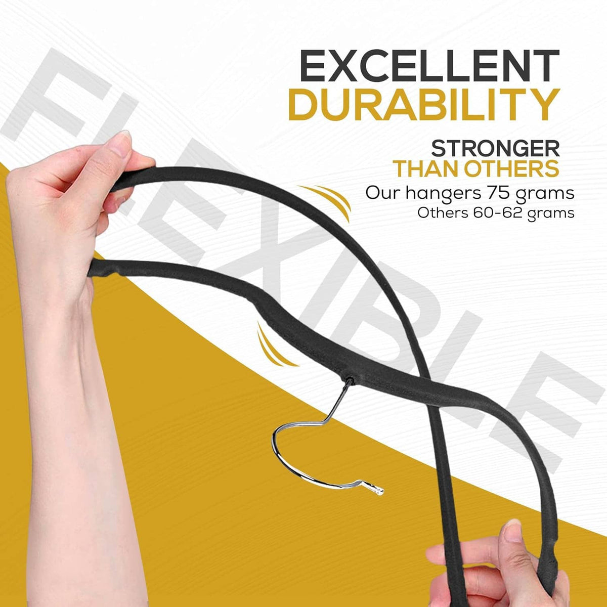 Durable black velvet hanger, strong frame shown with hands bending the hook