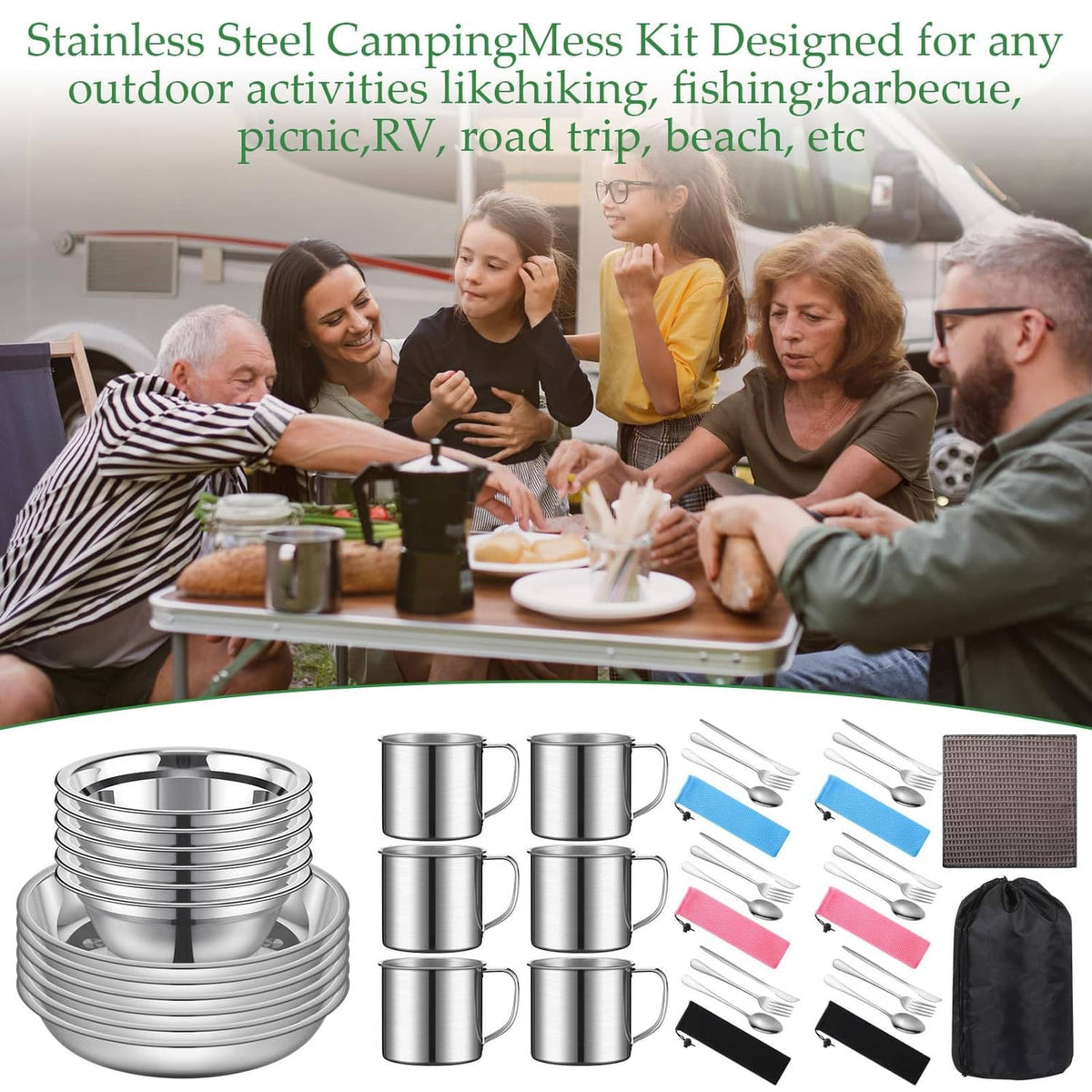 Stainless steel camping cookware kit with nesting bowls, mugs, utensils, mesh mat and bag