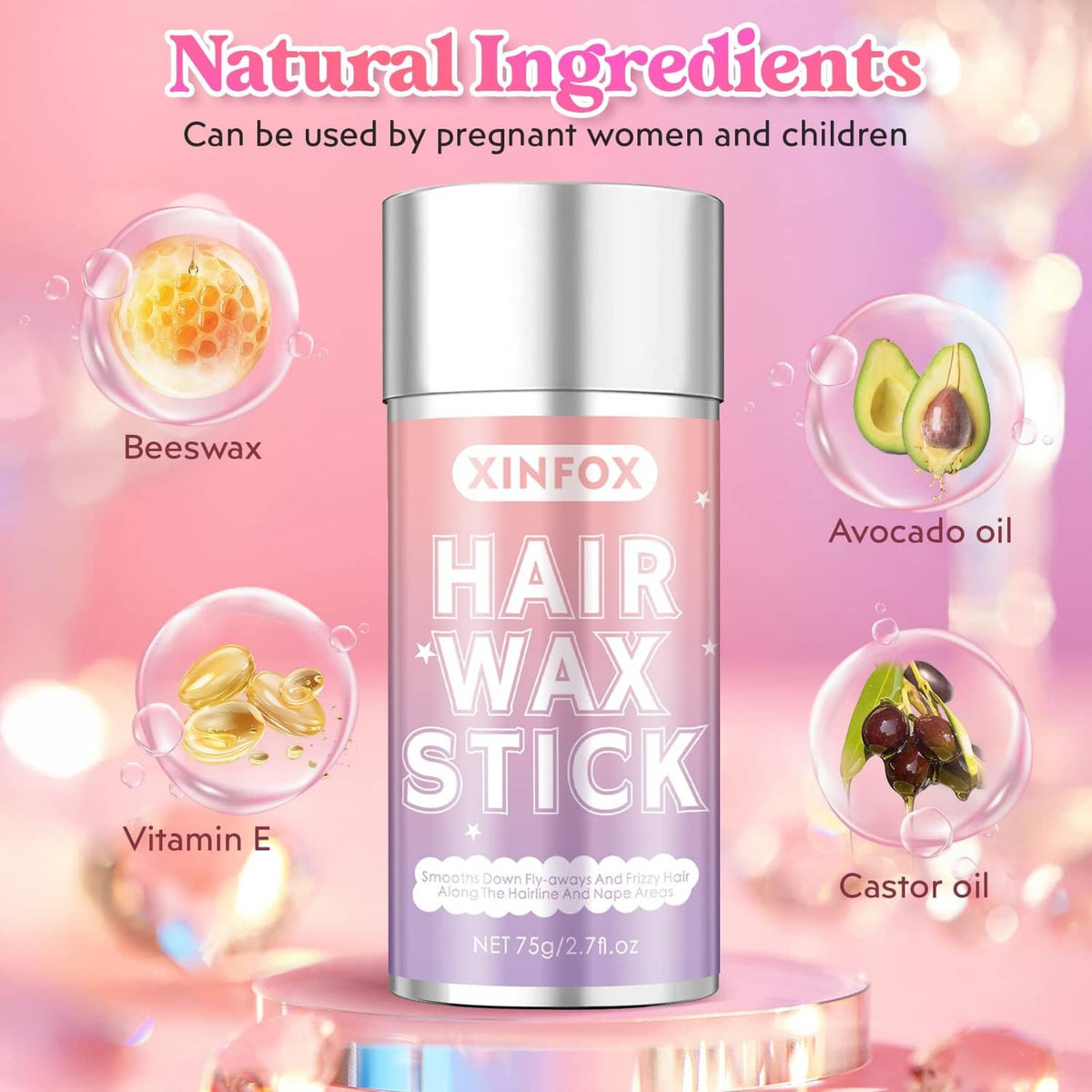 Hair wax stick container with ingredient icons: beeswax, avocado oil, vitamin E, castor oil