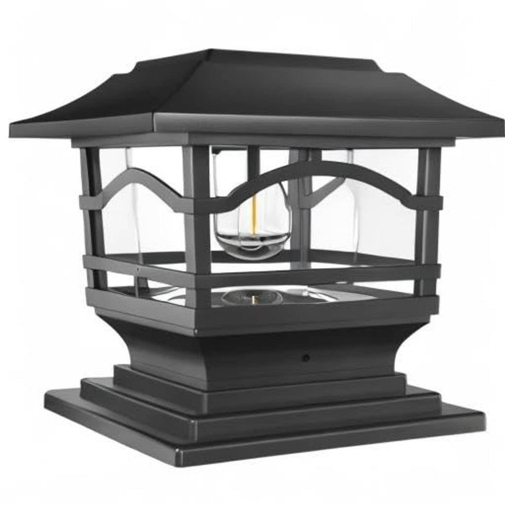 Black solar outdoor post cap light with clear glass Edison-style bulb in a lantern frame