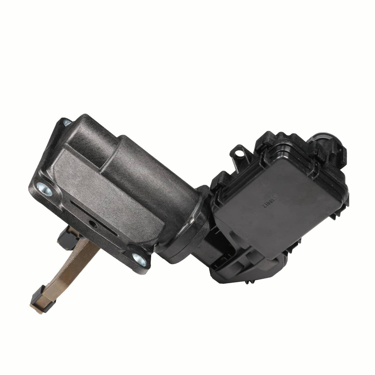 Front axle disconnect actuator fork with gray bracket sleeve and black control housing