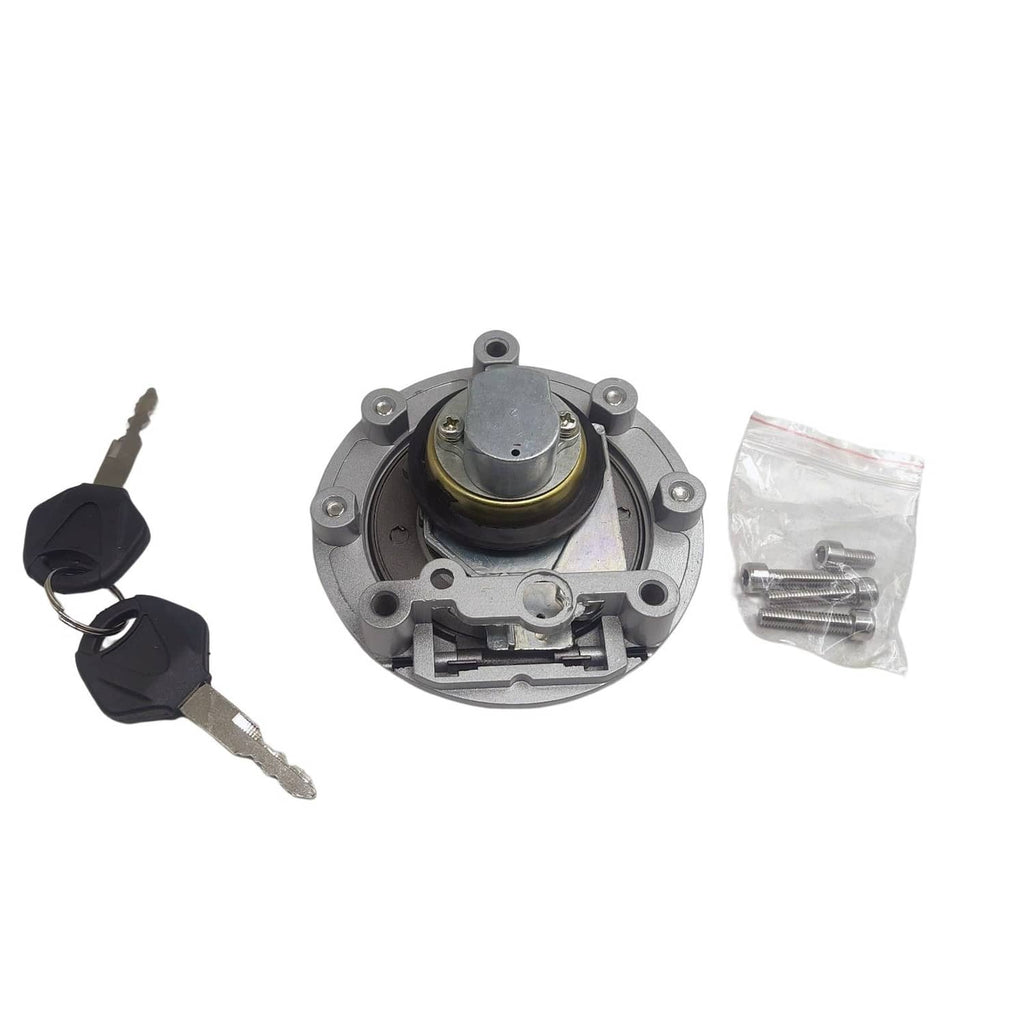 Fuel tank cap cover shown open, round metal base with insert and included hardware