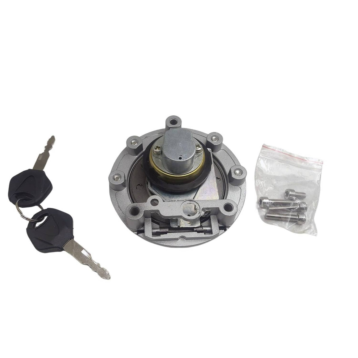 Fuel tank cap cover shown open, round metal base with insert and included hardware