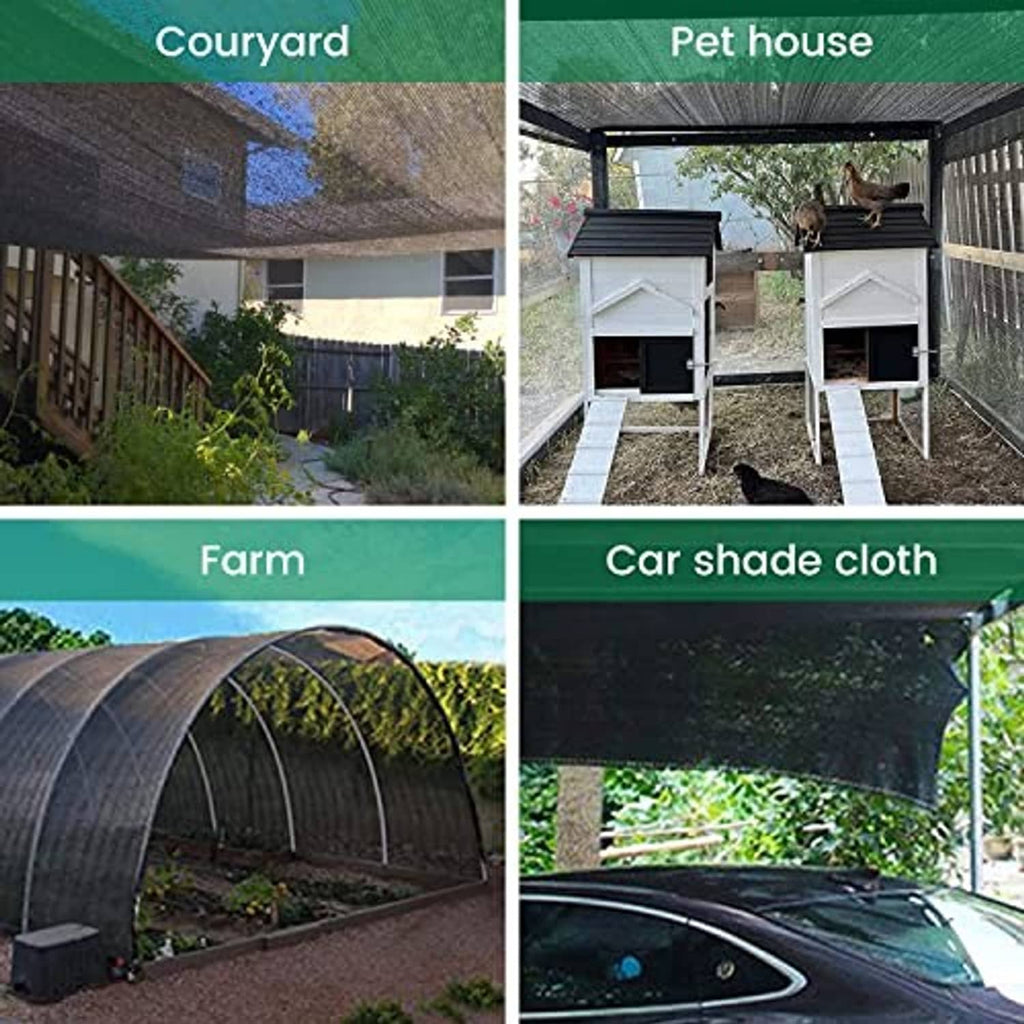 Outdoor shade cloth used in yard, pet area, farm, and car shade with dark woven coverage