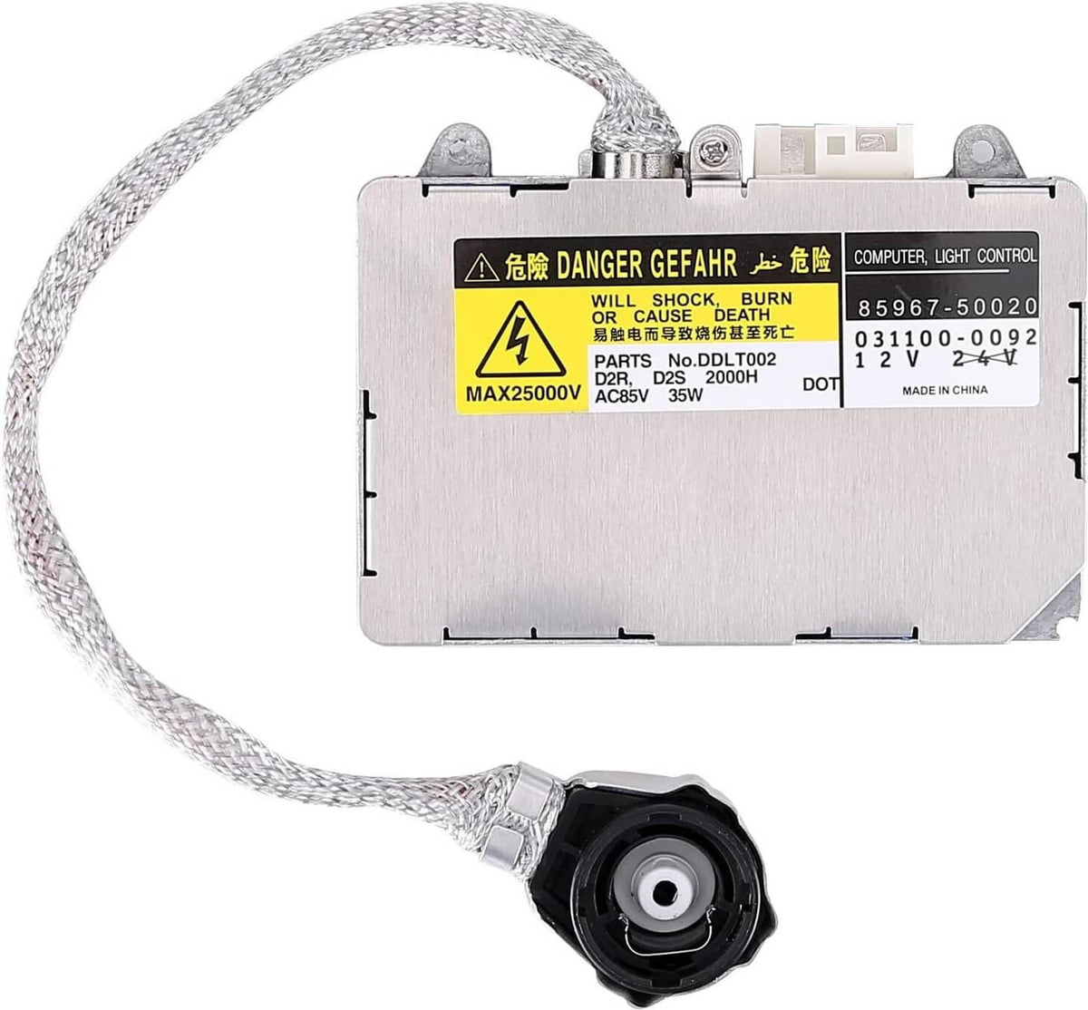 HID xenon ballast control module with warning label and attached braided cable