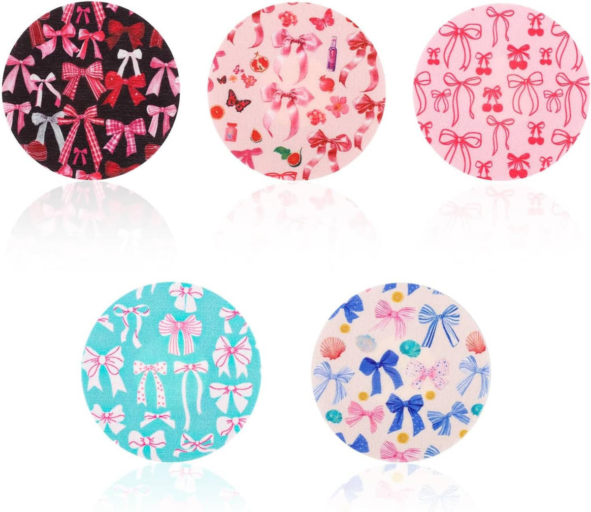 Five circular sensor patches with bow designs in black, pink, teal, and blue
