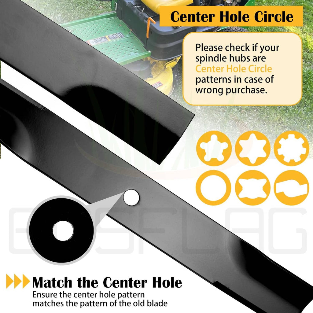 Toro mower blade close-up, black steel center hole for mounting; 3-pack set