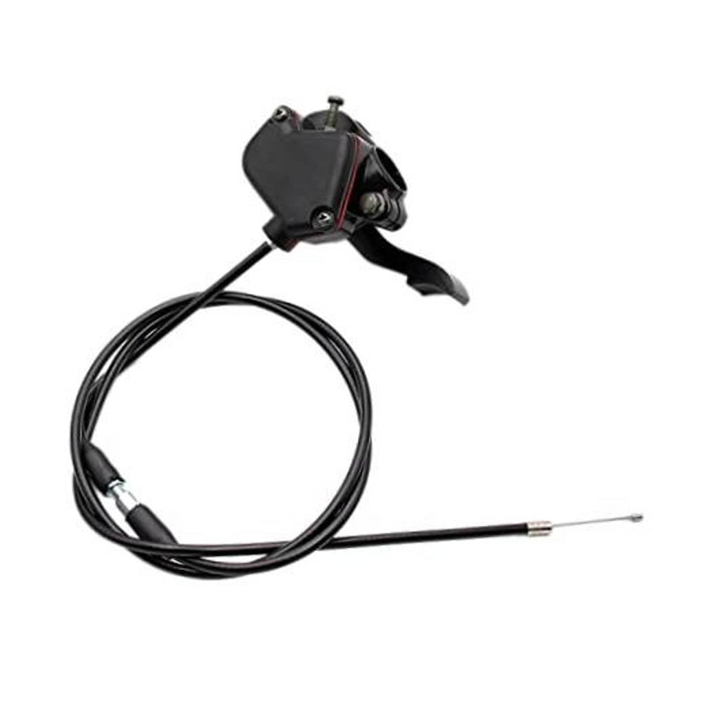 Black thumb throttle lever with attached brake cable and wire ends