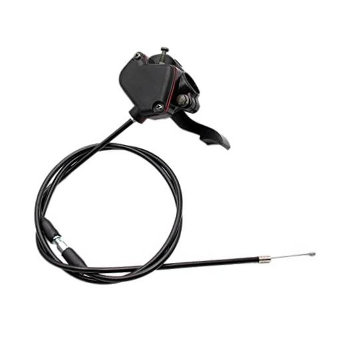 Black thumb throttle lever with attached brake cable and wire ends