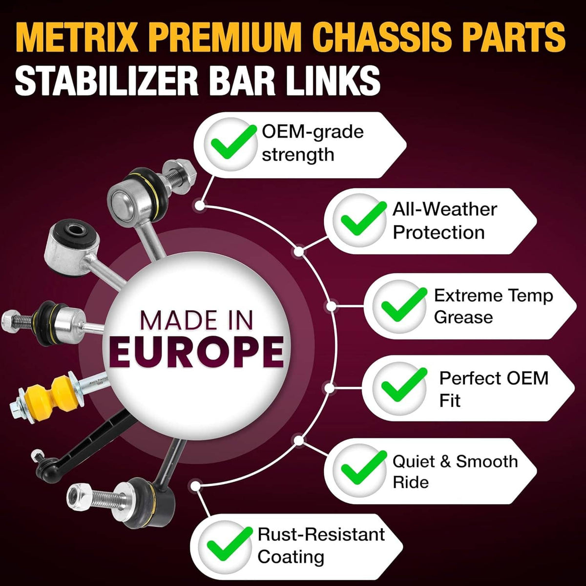 Metrix Premium stabilizer bar links graphic showing OEM-grade strength and fit