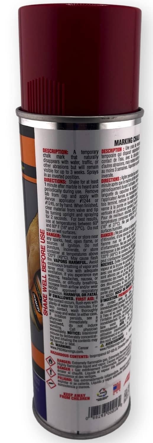 Aervoe red marking chalk spray can showing the back label text and warnings