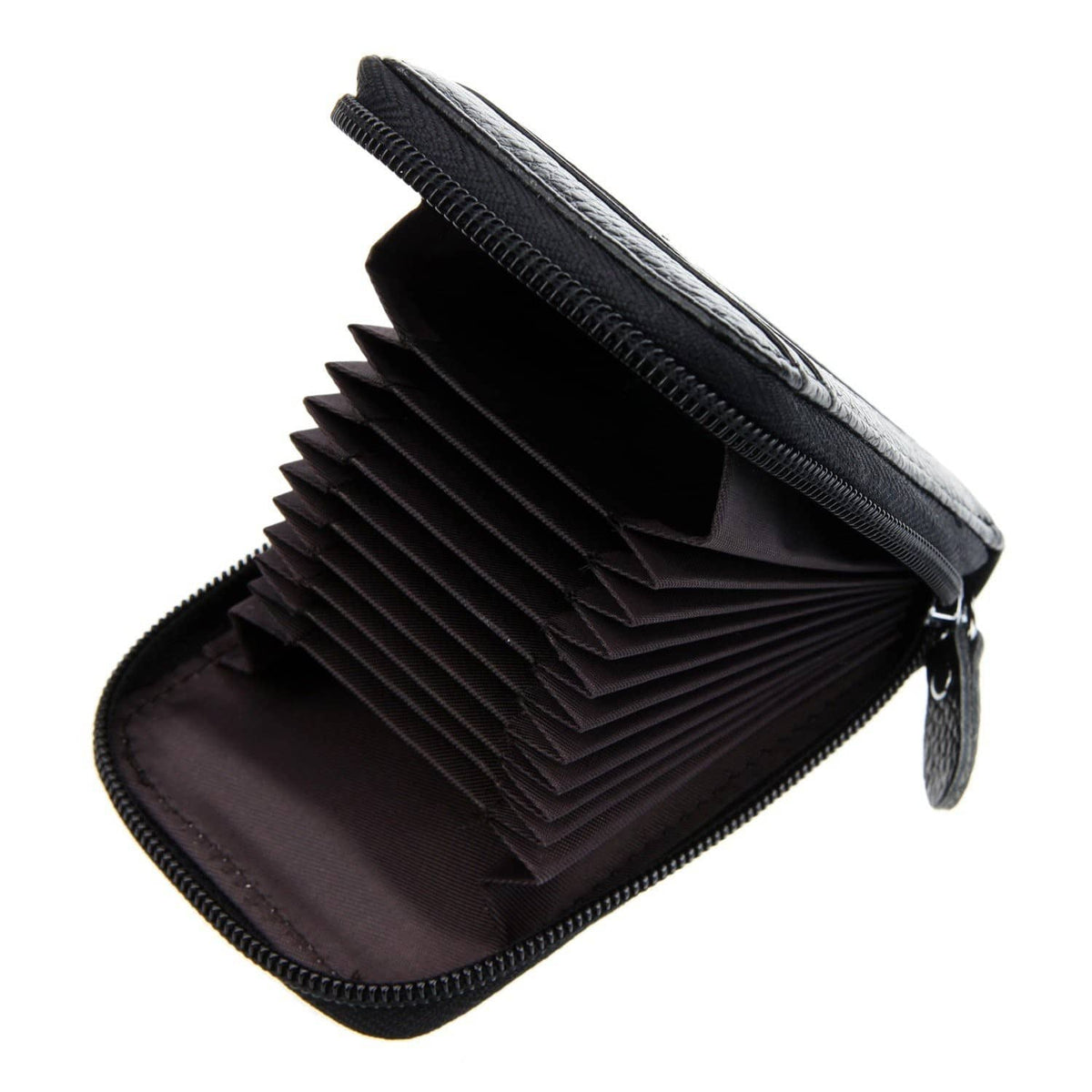Black leather card wallet with layered card slots and zip closure, angled