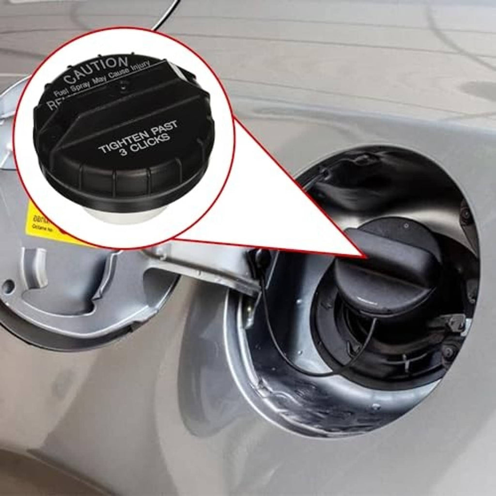 Installed fuel tank gas cap with warning text near fuel filler area