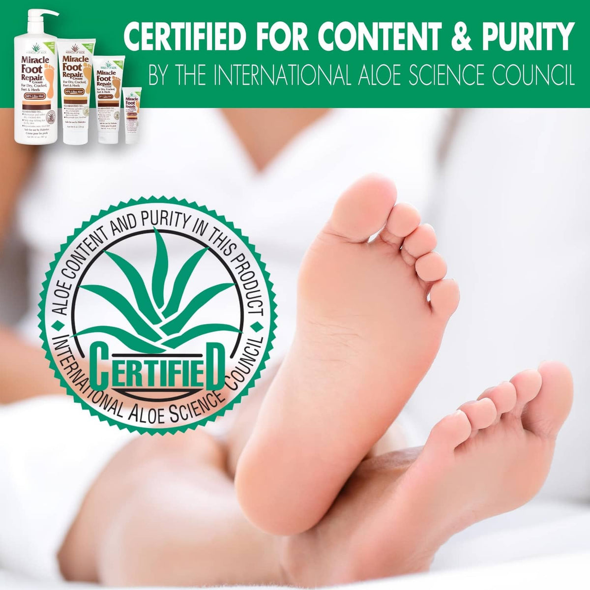 Certified aloe foot repair cream with bare feet resting on bed