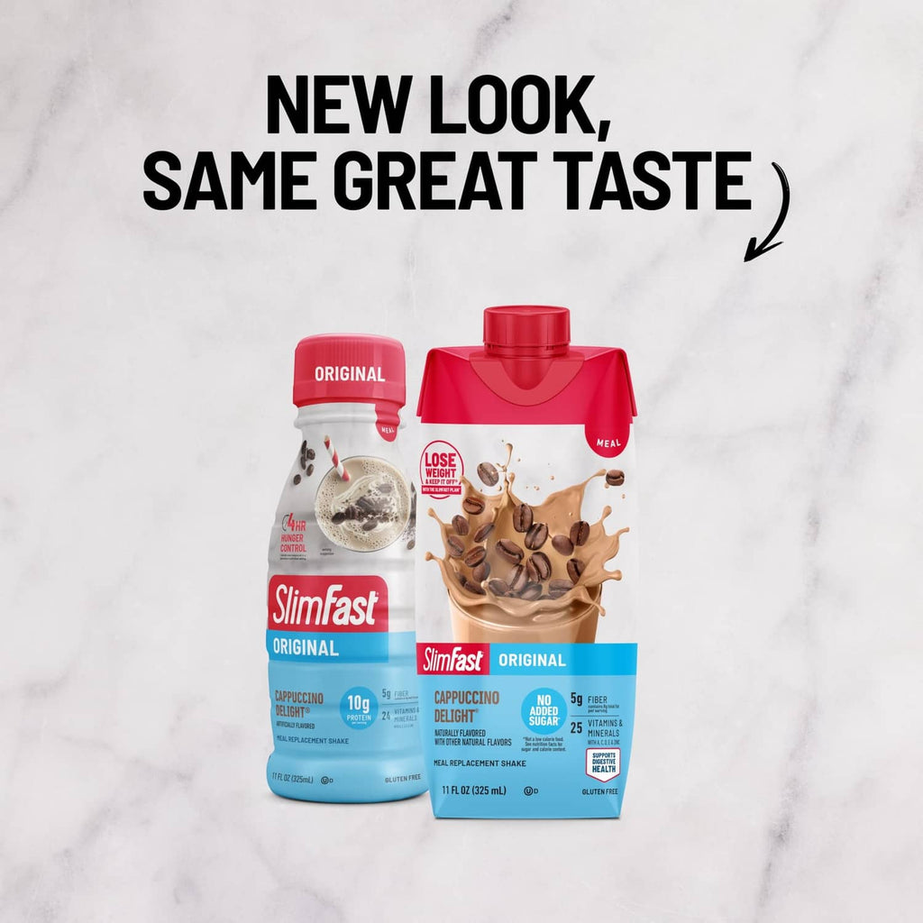 SlimFast original cappuccino delight shake cartons, front view with red caps