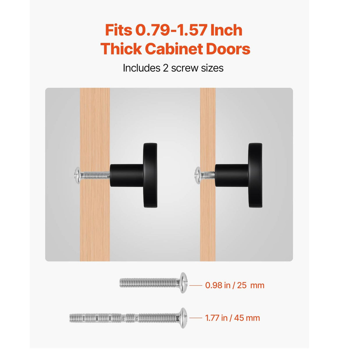 Black mushroom cabinet knobs mounted on thick cabinet doors with included screws.