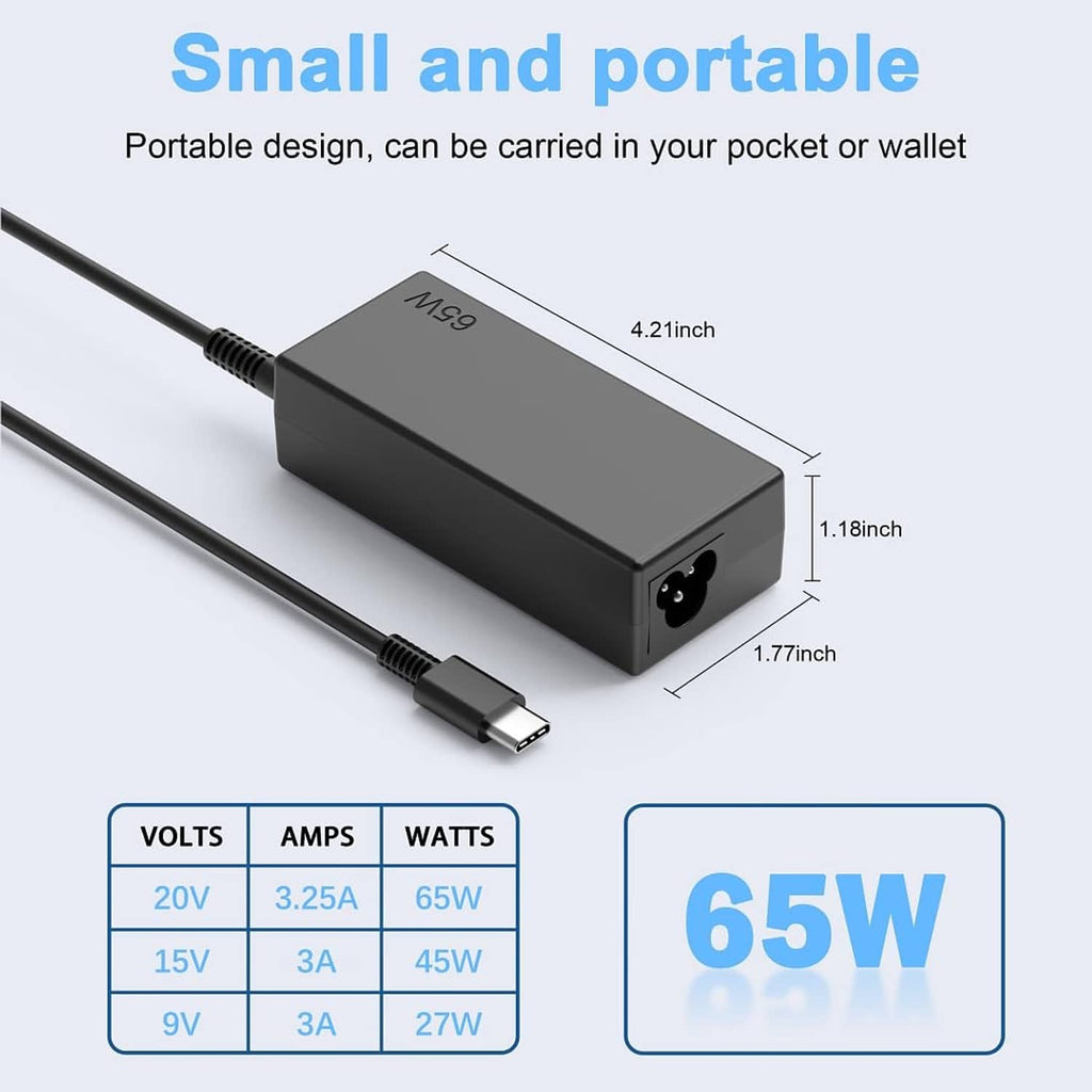 Compact black 65W USB-C AC adapter with attached cable