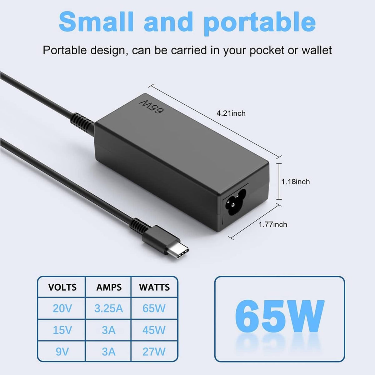 Compact black 65W USB-C AC adapter with attached cable