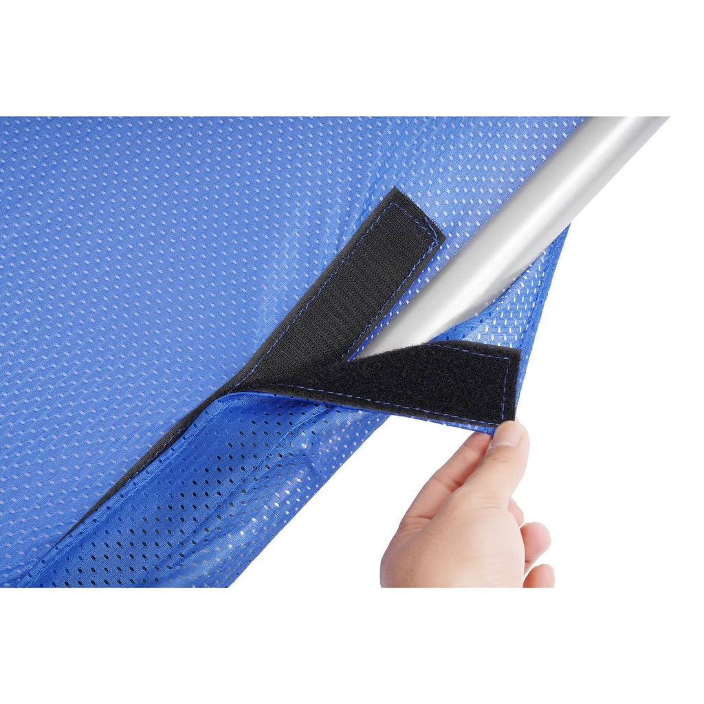 Blue boat sun shade with black adjustable strap and aluminum frame corner detail