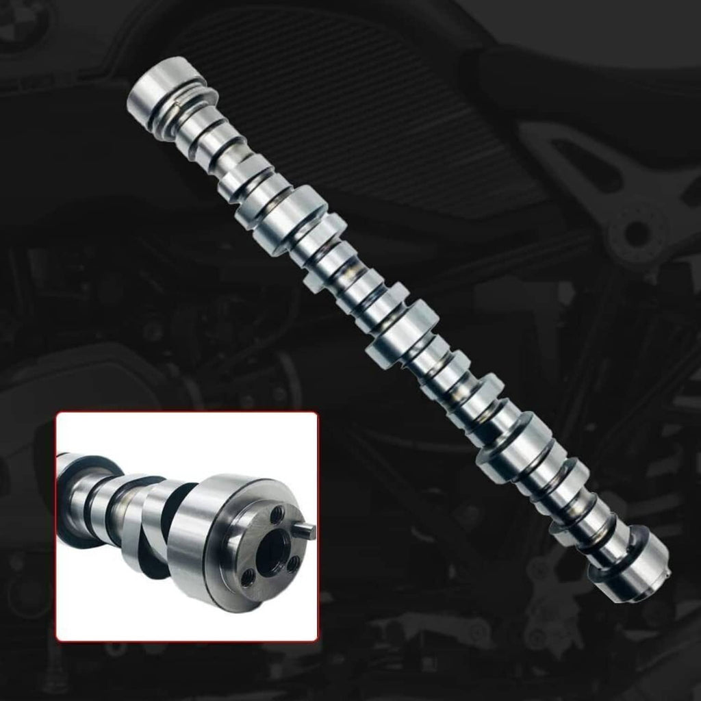 Steel camshaft with roller lifters shown in an engine bay with an inset detail