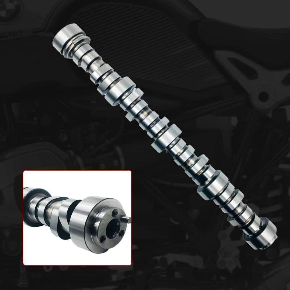 Steel camshaft with roller lifters shown in an engine bay with an inset detail