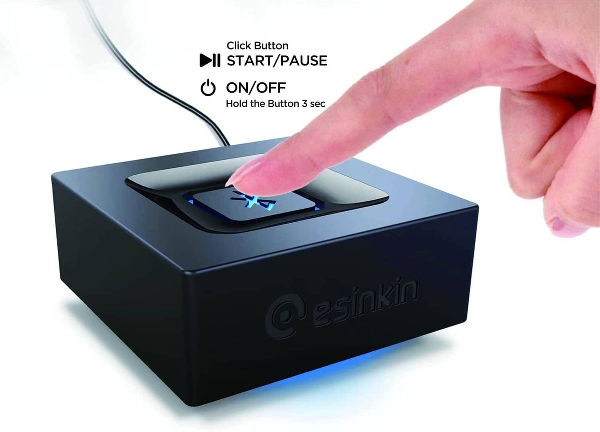 Bluetooth audio adapter with start/pause and on/off button, ready to be pressed