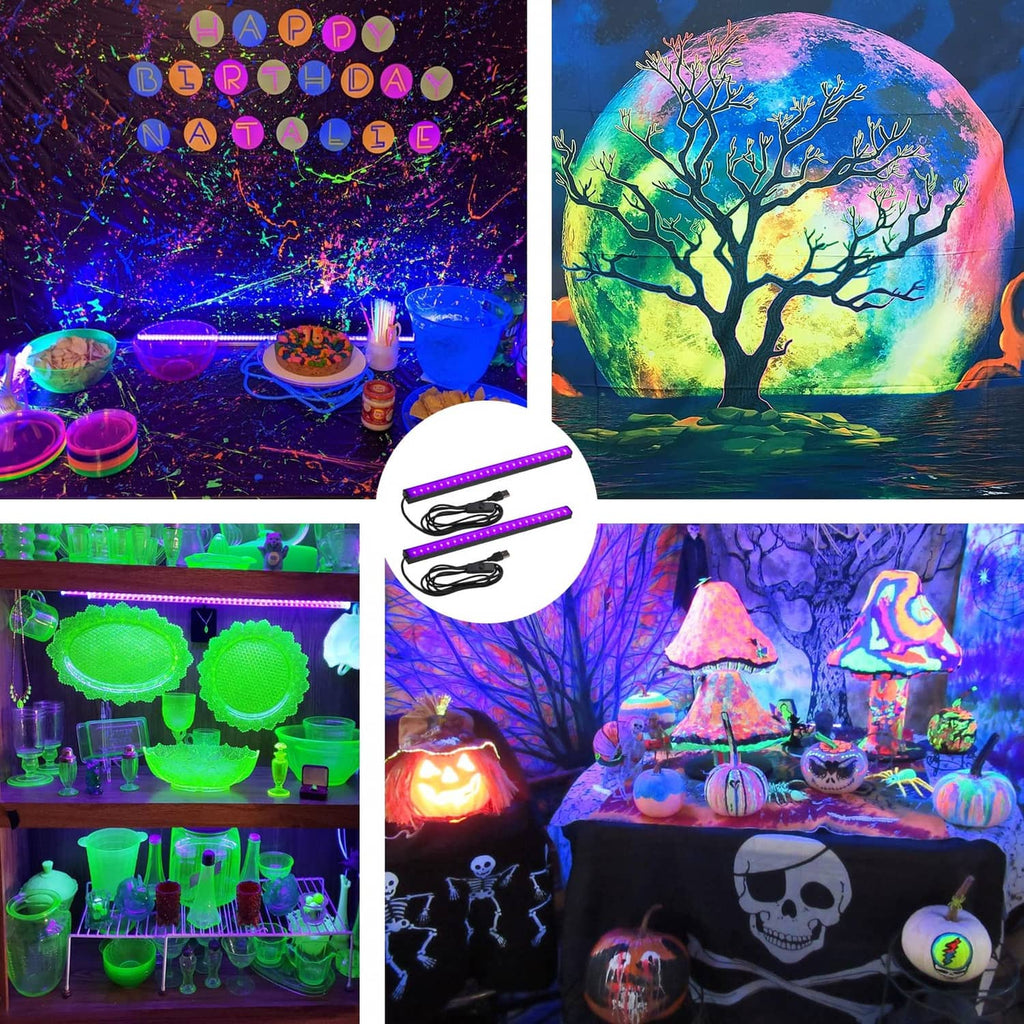 Two glowing UV light bars with purple LED strips for projecting colorful party light
