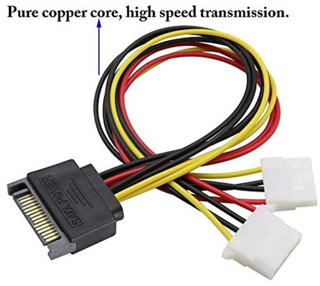 SATA 15-pin power Y-cable with pure copper core and dual 4-pin Molex connectors