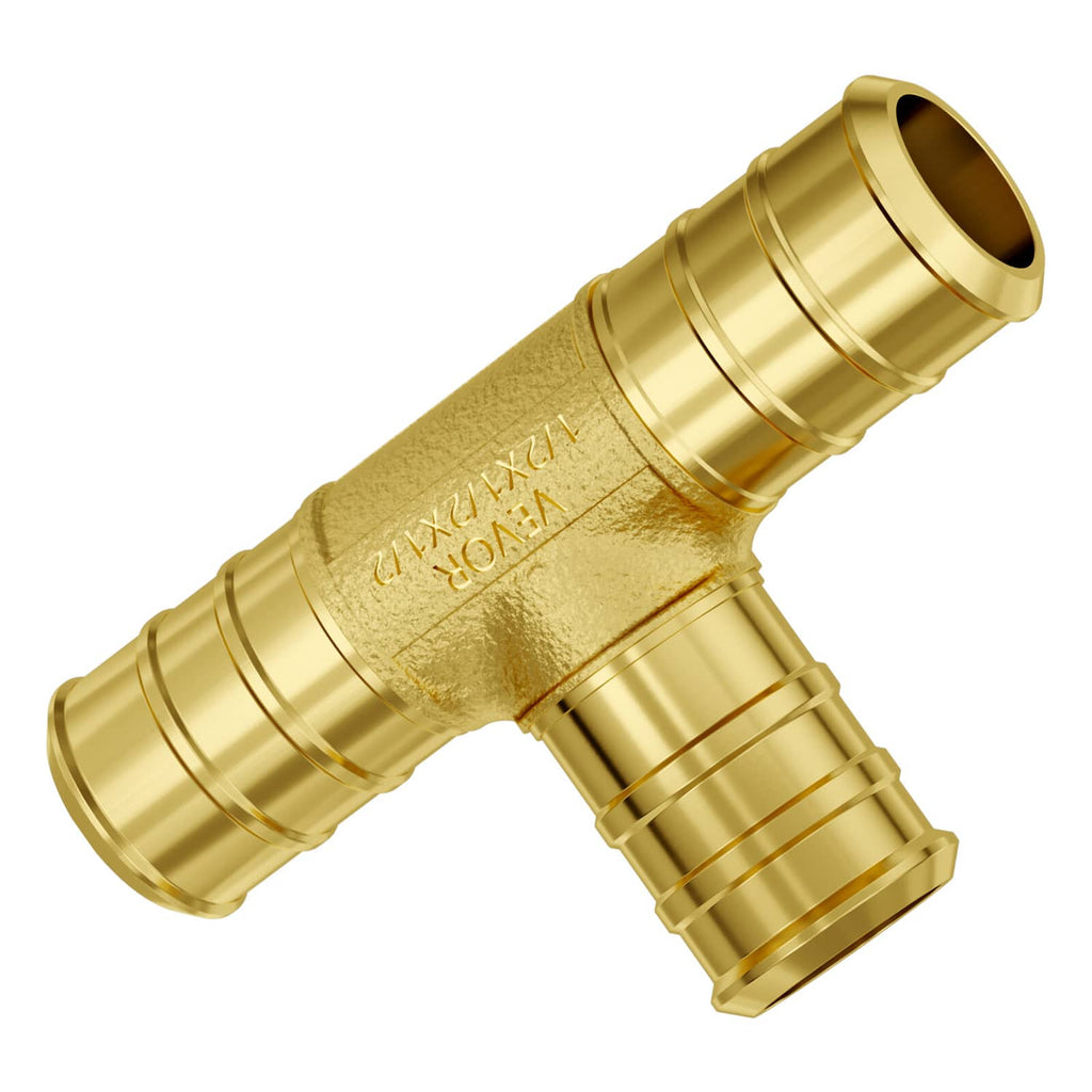 Brass clamp-style 1/2 in pipe tee fitting, 3-way connector with threaded ports