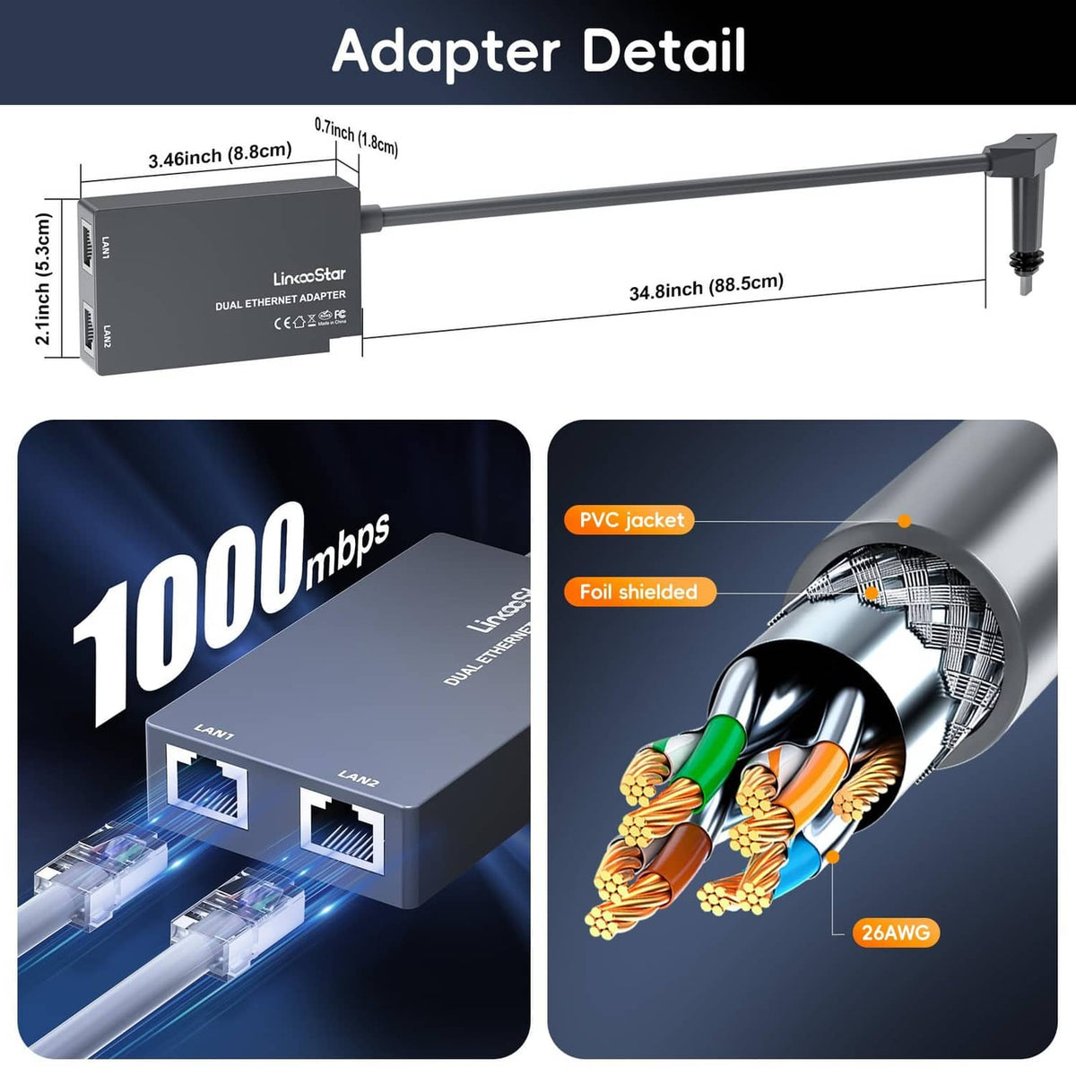 Gray dual-port Ethernet adapter with long cable and two RJ45 Ethernet ports
