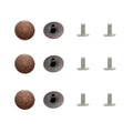Bronze screw rivets set with round caps, flat washers, and matching screws