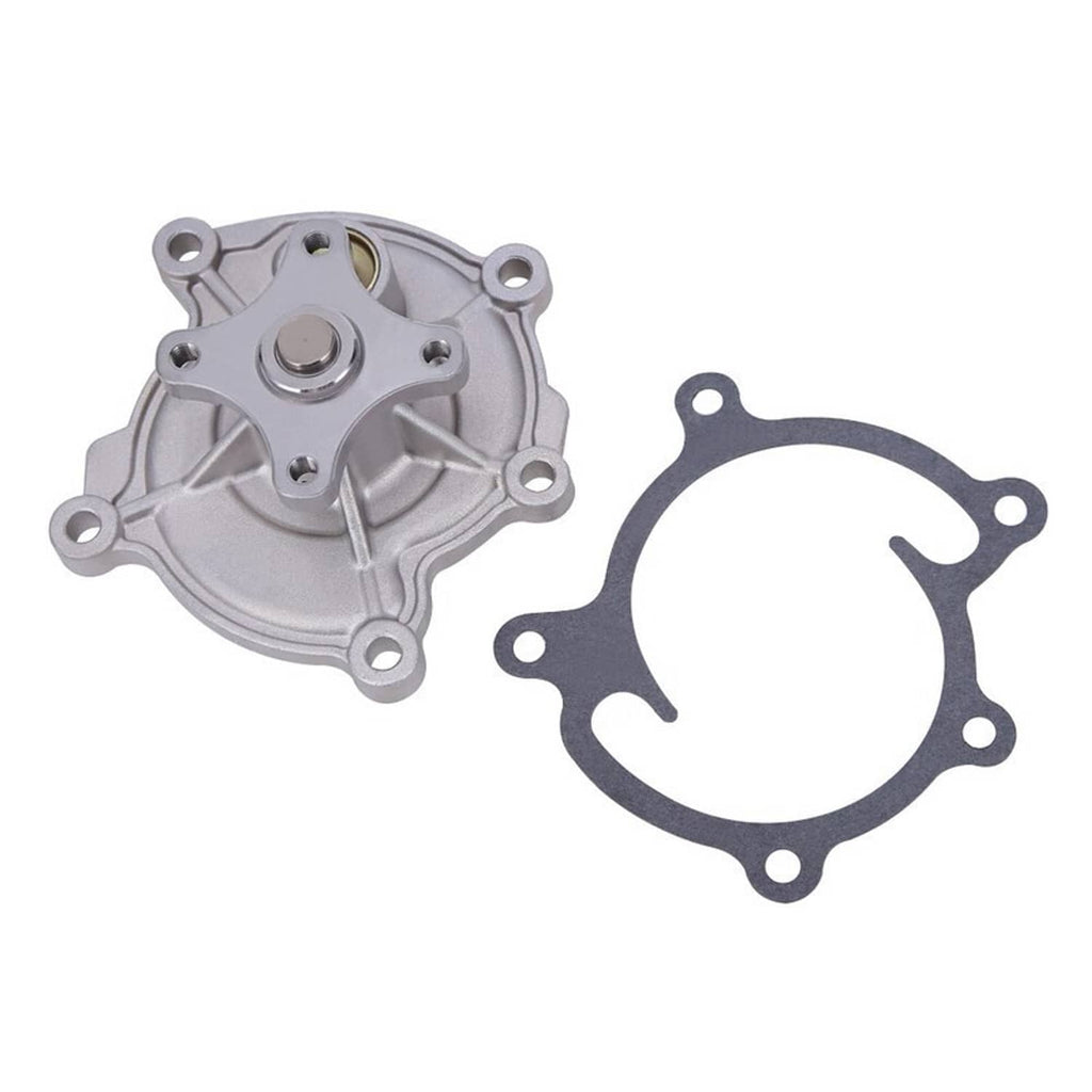 Water pump and gasket, silver metal pump body with mounting bolt holes