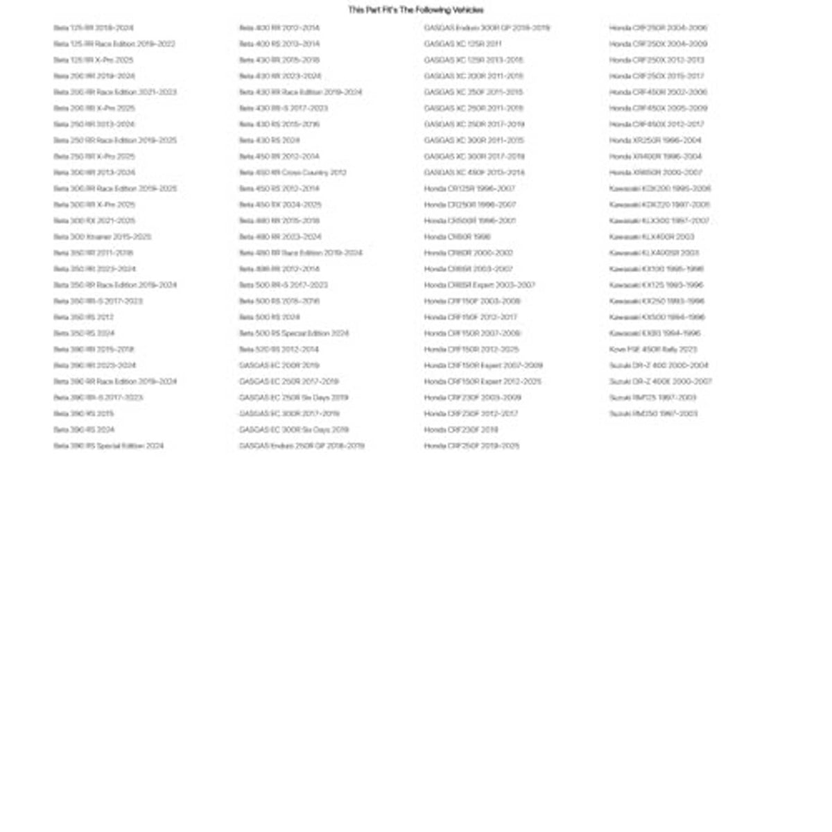 Brake lever compatibility list chart with model and year entries