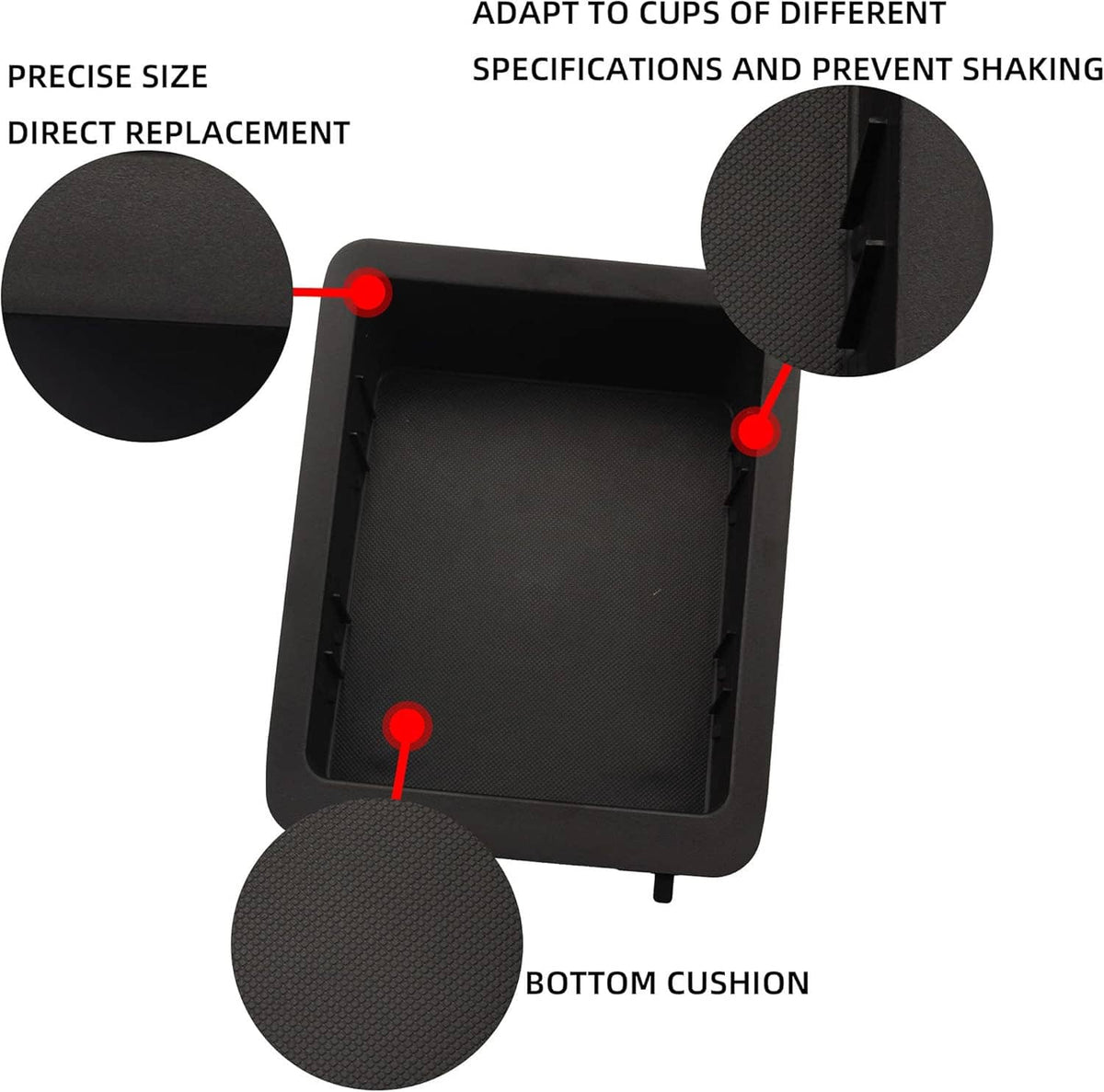 Black cup holder bezel with molded base insert and textured mounting pads