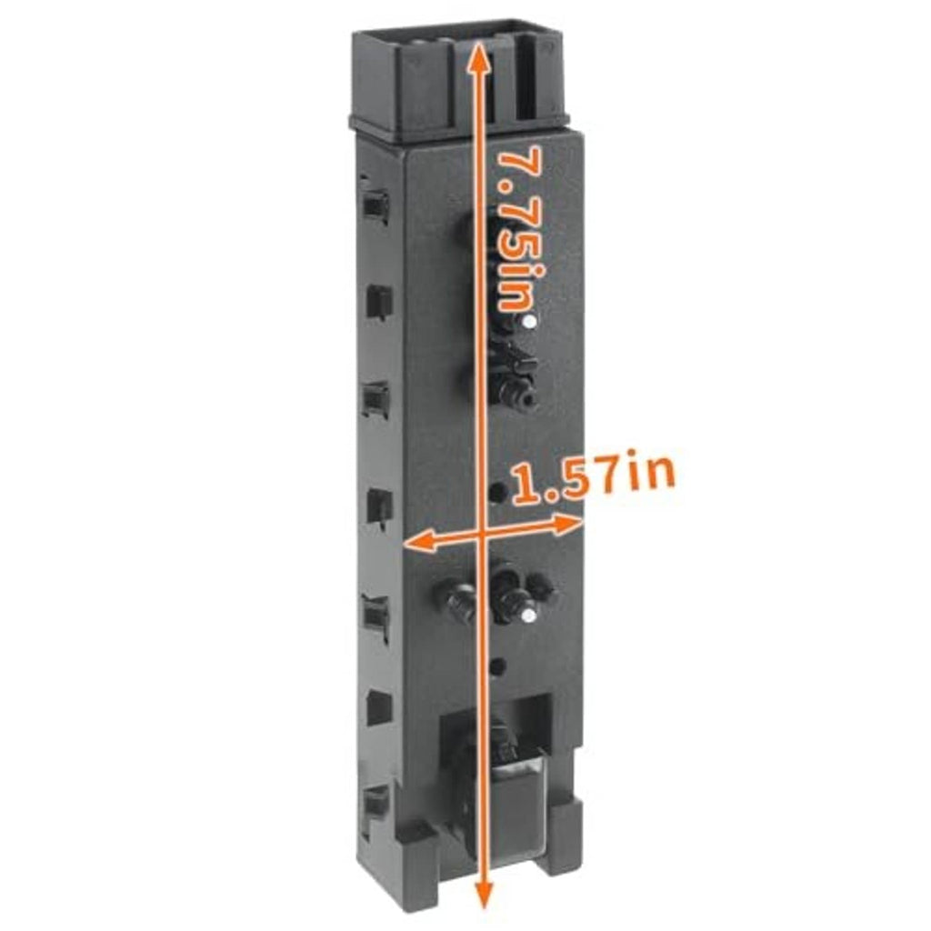 Power seat control switch side view with stacked ports and rocker button row, dark gray