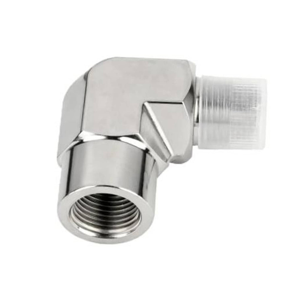 90° stainless steel elbow fitting with internal female threads and capped male end